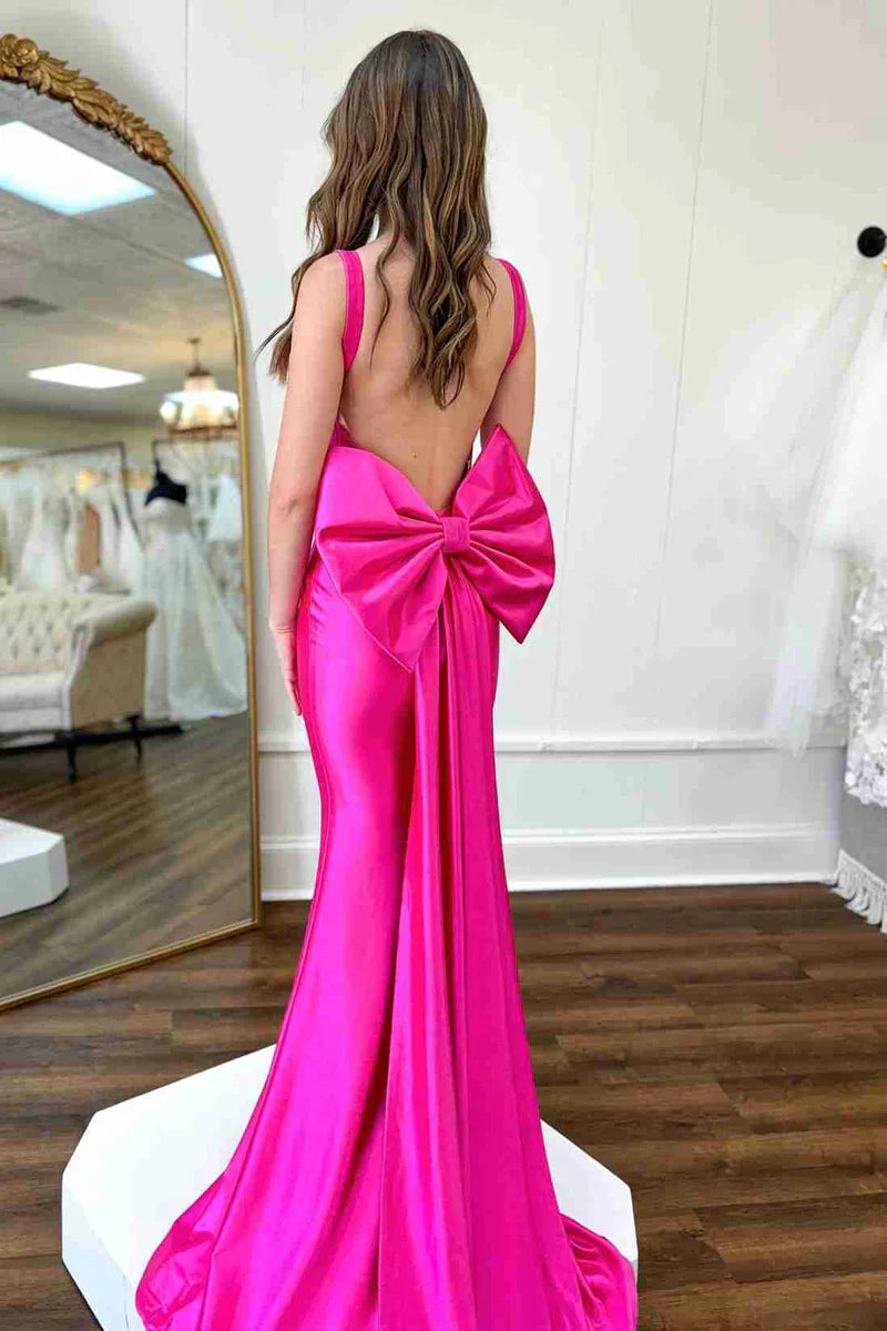Vestidos formales/Vestido de fiesta de sirena plisado rosa fuerte con lazo